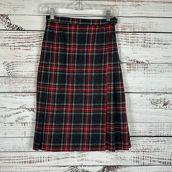 Womens VTG Pendelton Tartan Red Plaid Pleated Wrap Knee Skirt Wool Sz 8 Fits 2-4 - Picture 1 of 11